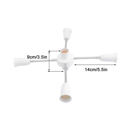 White four-armed e27 socket splitter with flexible metal arms and plastic lamp holders for living room lighting