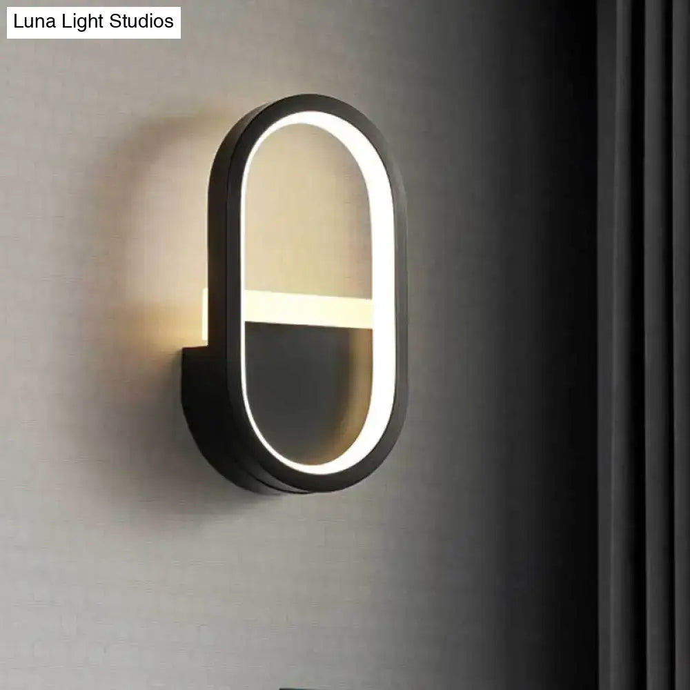 Modern black elliptical led wall lamp with glowing white led ring and horizontal light bar for bedroom sconce use