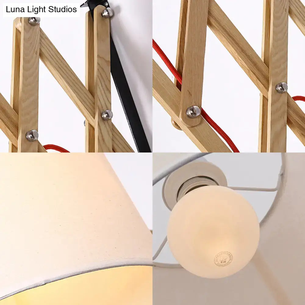 Modern white fabric wall lamp with lightweight wooden extendable arm and exposed bulb for living room lighting