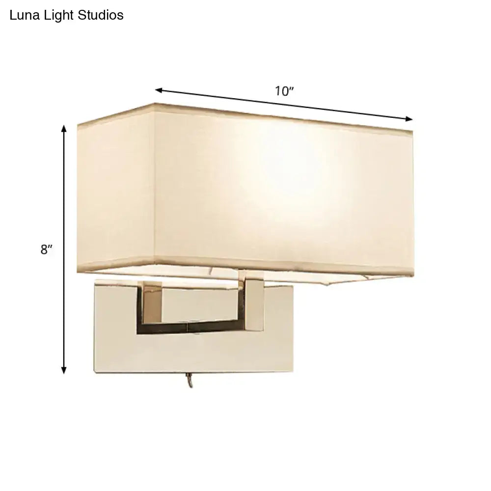 Modern white fabric wall sconce with cream rectangular lampshade and brushed nickel wall light fixture for bedroom