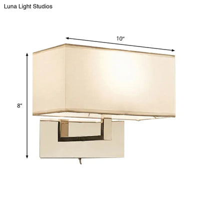 Modern white fabric wall sconce with cream rectangular lampshade and brushed nickel wall light fixture for bedroom