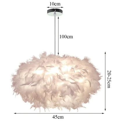 Modern white feather pendant light featuring a soft fluffy feather shade with chrome stem and black ceiling mount