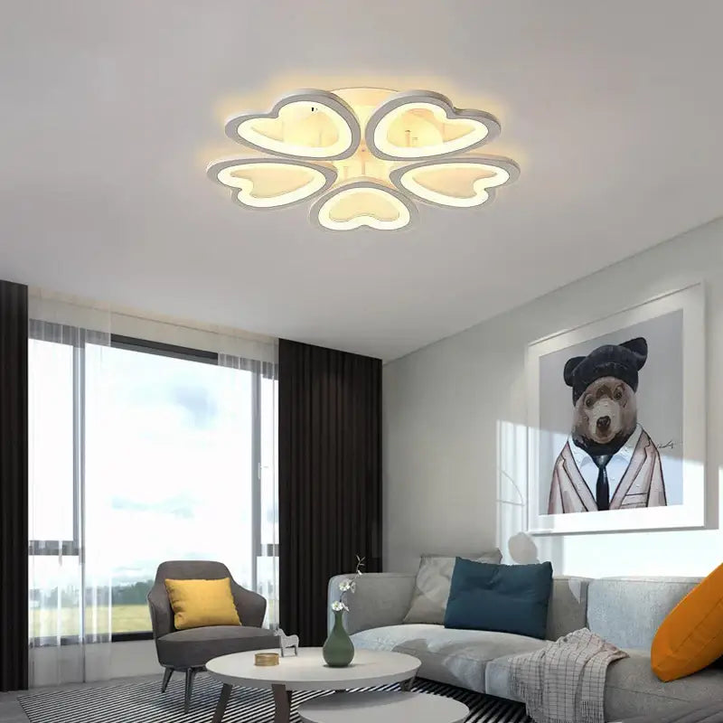Modern white flower acrylic led ceiling chandelier with silver frames and warm white lighting for living room use