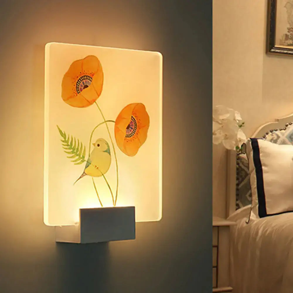 Modern white flower bird wall lamp featuring a glowing orange poppy and yellow bird illustration on translucent corner led mural