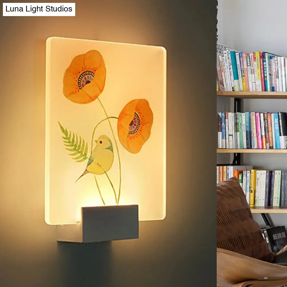 Modern white flower bird wall lamp with warm-toned poppy and fern illustration on translucent acrylic corner led mural