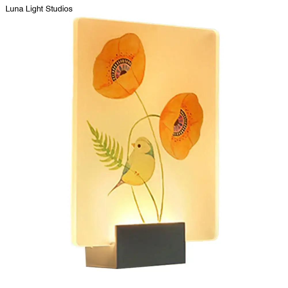 A warm glowing modern white flower bird wall lamp with orange poppies on translucent material corner led mural
