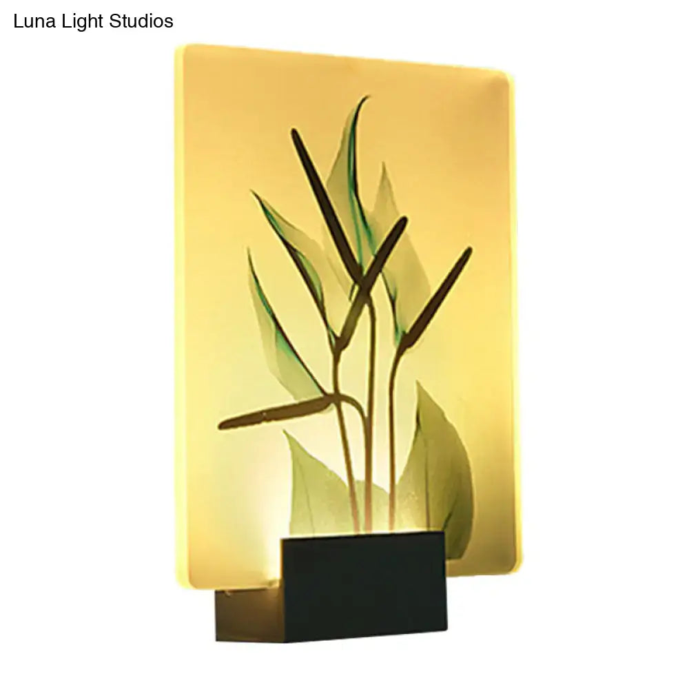 A warm yellow illuminated flower bird wall lamp with green and brown leaves for bedroom corner led mural lighting