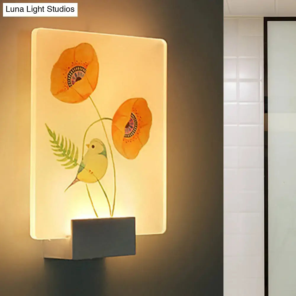Modern white flower bird wall lamp with glowing orange poppies green ferns and yellow bird on acrylic corner led mural