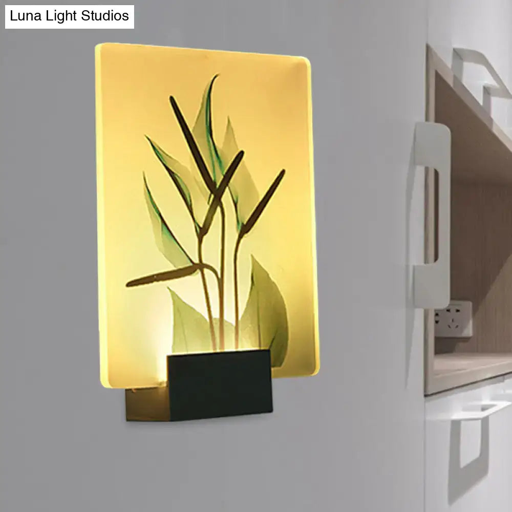 Yellow rectangular wall lamp with embossed flower bird glass panel mounted on black base for corner led mural use