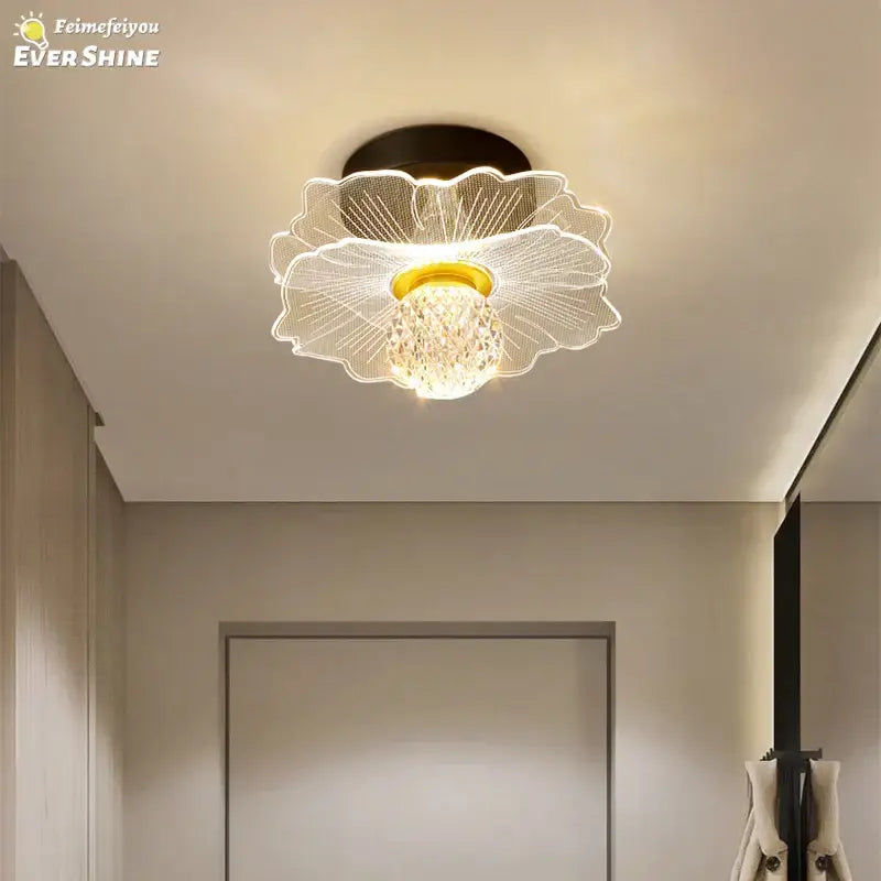 Modern white flower led ceiling lamp with crystal accents and golden center for elegant bedroom decorbites led ceiling lighting