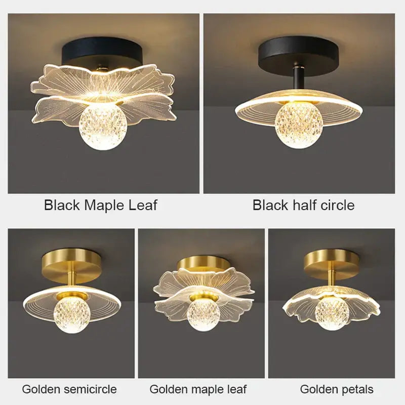 Modern white flower led ceiling lamp with translucent petal glass shades and black or gold decorbites led ceiling mounts
