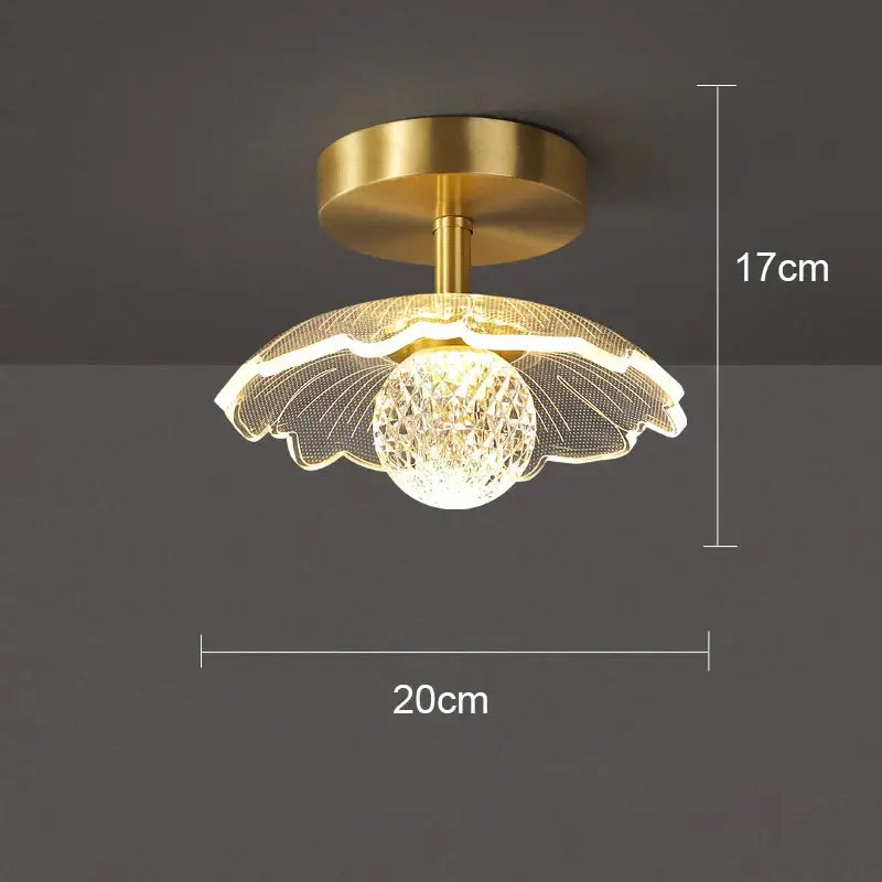Gold-toned modern white flower led ceiling lamp with crystal globe and leaf-shaped mesh shade for bedroom decorbites led ceiling