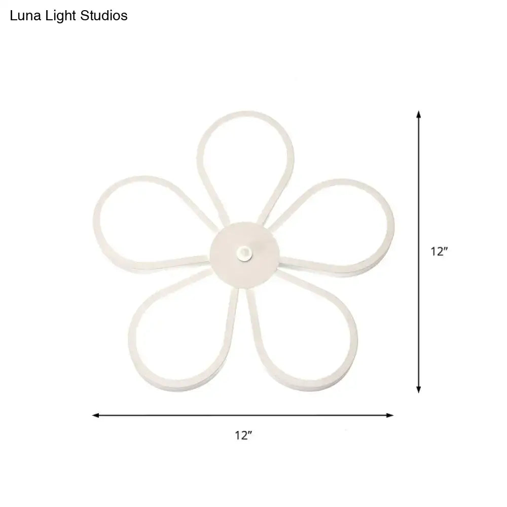 Modern white flower wall mounted led lamp with five petal-shaped arms forms a 15 inch fixture for dining room use