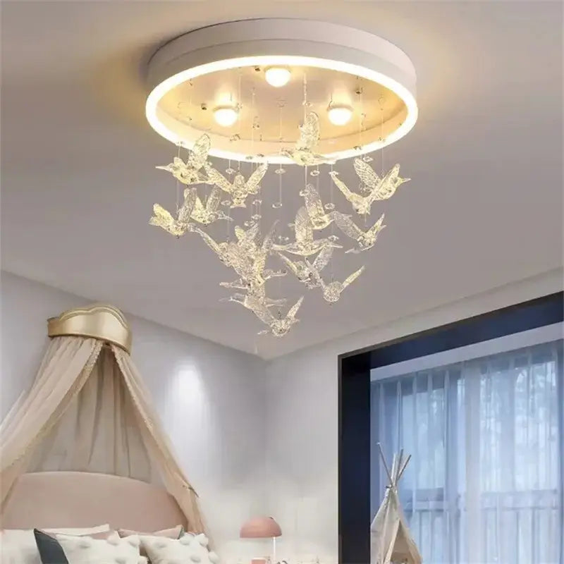 Modern white flying bird ceiling light with clear crystal bird ornaments for kids bedroom decorbites flying bird ceiling