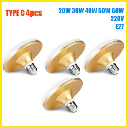 Set of four gold finished decorbites led ceiling lamps with e27 screw bases and white frosted glass diffuser panels