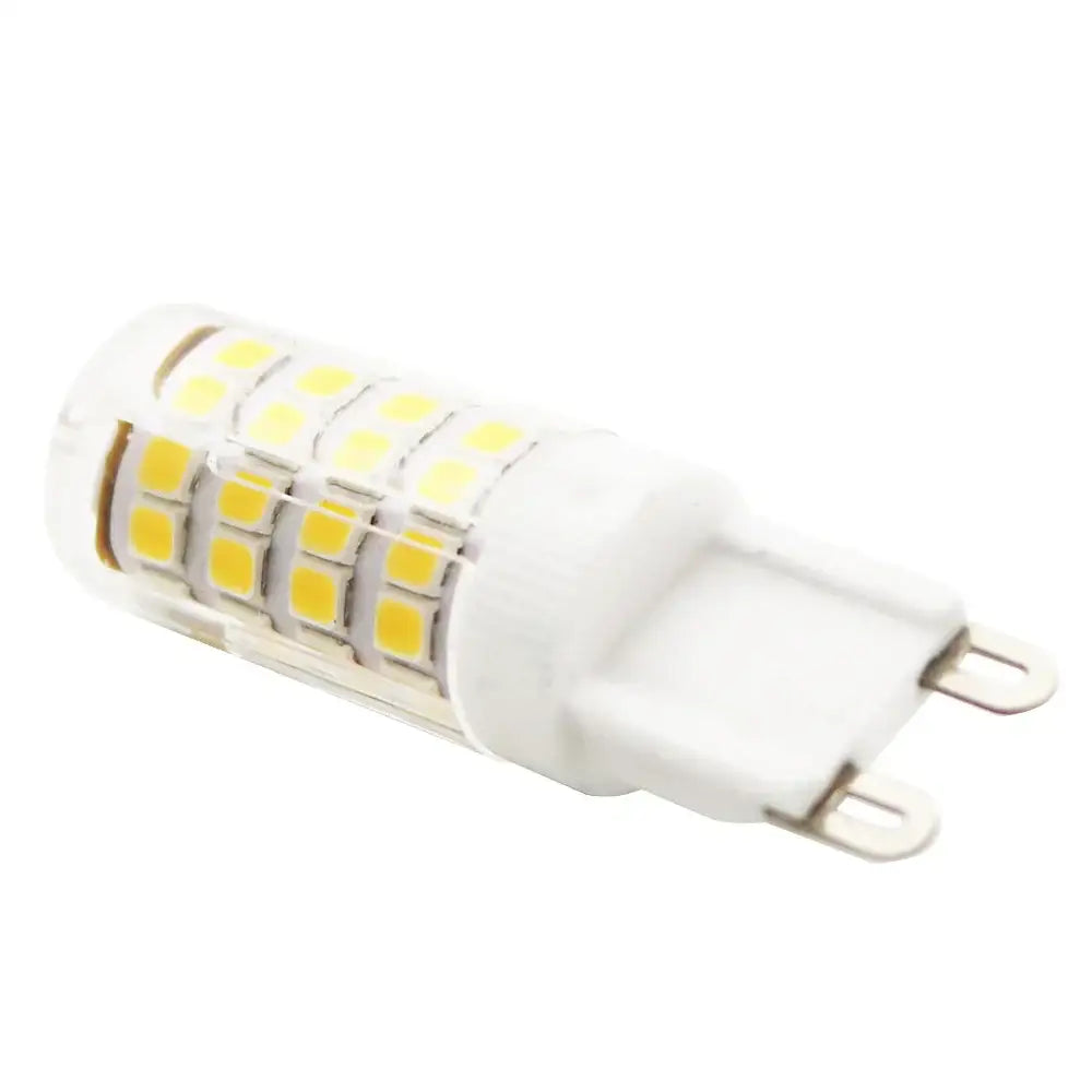 Modern white g9 led corn bulb chandelier lamp with multiple yellowish leds in rows along translucent body for living room