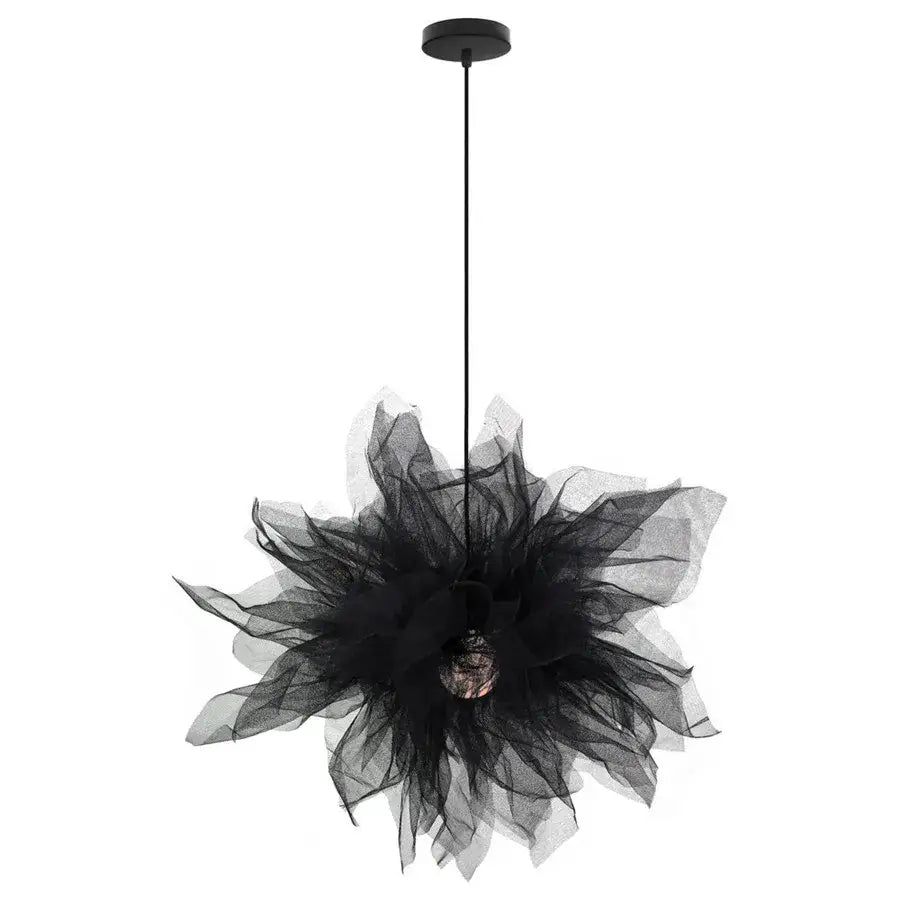 Modern white gauze flower pendant light bedroom chandelier with black tulle design and slender black cord by decorbites gauze