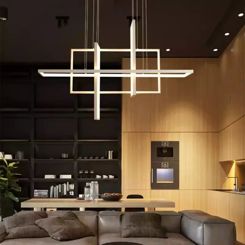 Modern white geometric aluminum pendant light with intersecting rectangular frames for living room decorbites geometric aluminum pendant