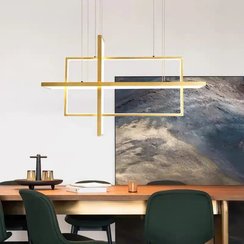 Modern gold-toned geometric aluminum pendant light with intersecting rectangular frames and integrated led lighting for dining room decorbites geometric aluminum pendant