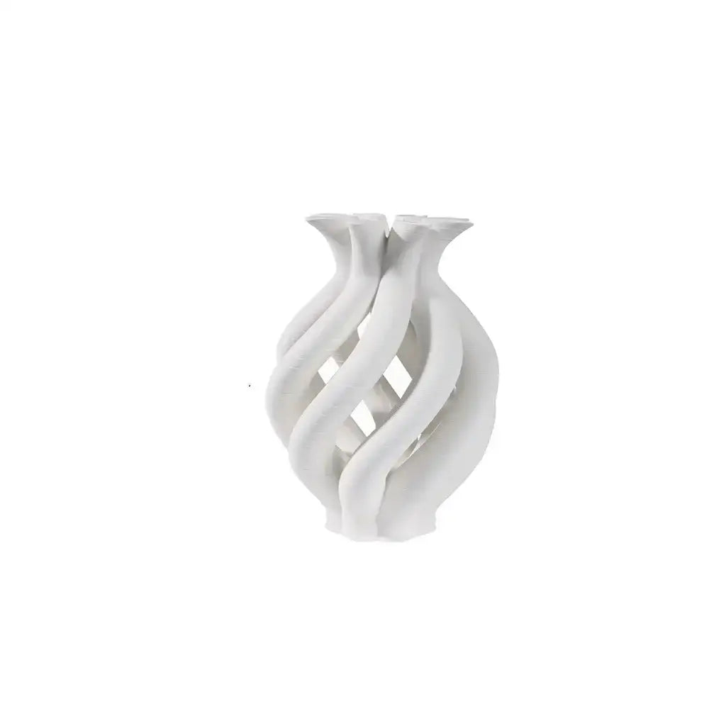 A sleek white geometric ceramic hollow vase with three twisted necks for modern living room decorbites decor