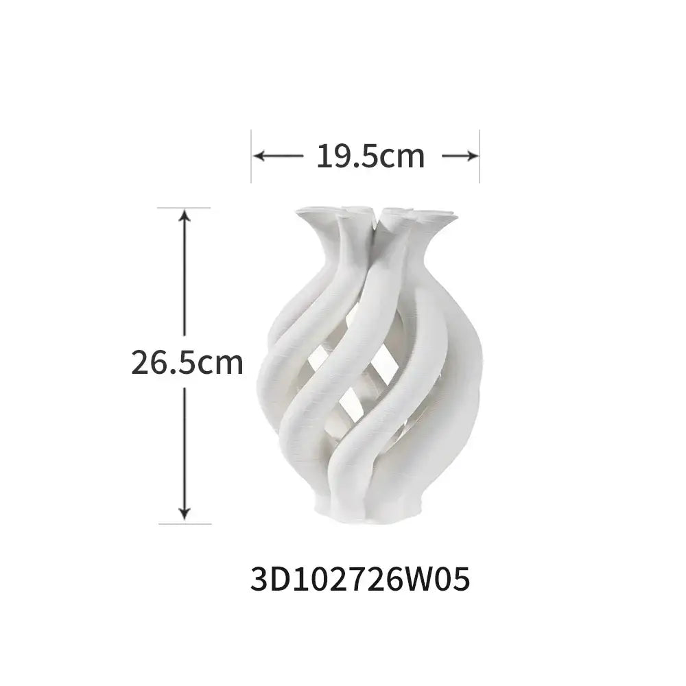 A sleek white geometric ceramic hollow vase with a twisted spiral design for modern living room decorbites decor