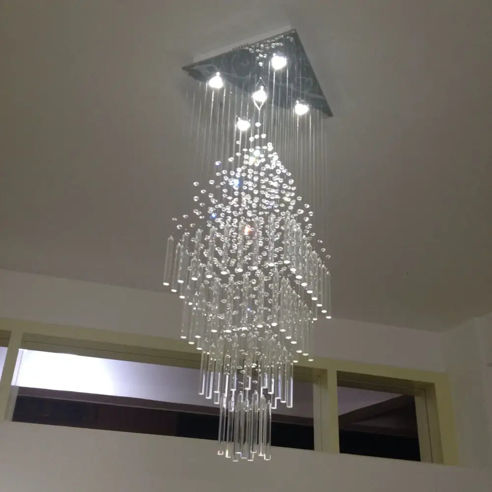 Modern white geometric decorbites crystal ceiling chandelier with square metal mount and cascading clear glass rods