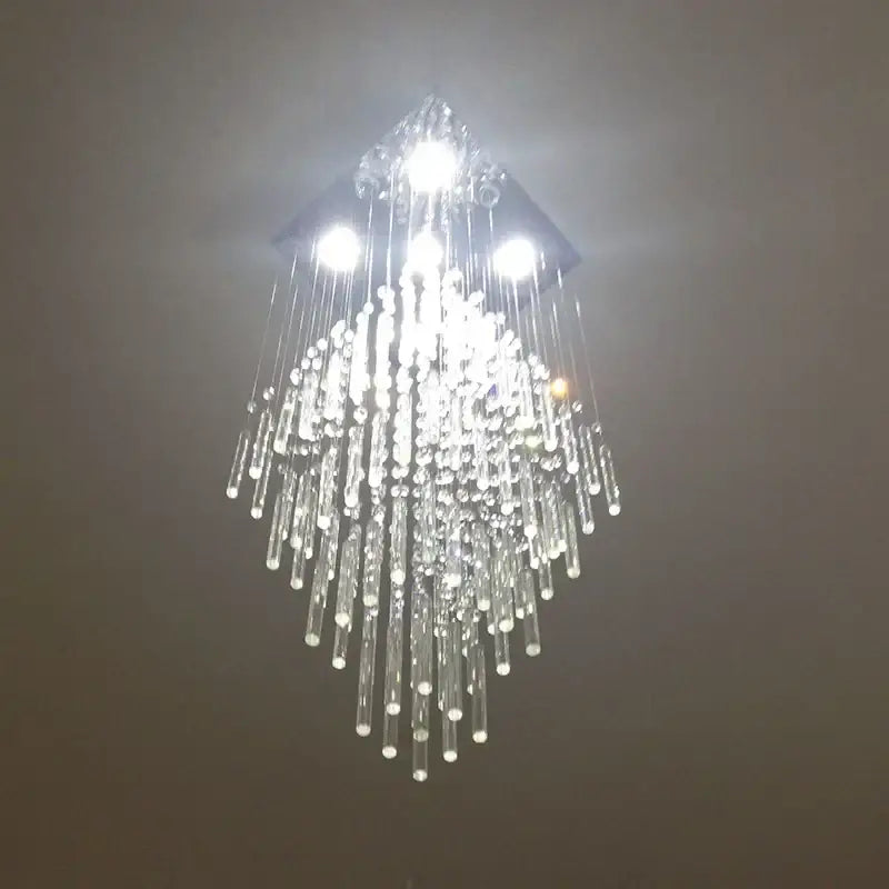 Modern white geometric decorbites crystal ceiling chandelier with cascading clear glass rods and embedded lights for living room decor
