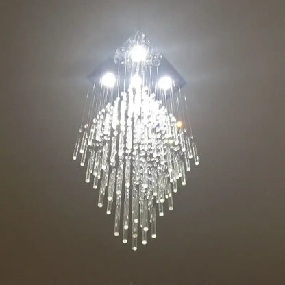 Modern white geometric decorbites crystal ceiling chandelier with cascading clear glass rods and embedded lights for living room decor
