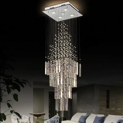 Modern white geometric crystal ceiling chandelier with clear faceted glass rods and chrome mount by decorbites crystal ceiling