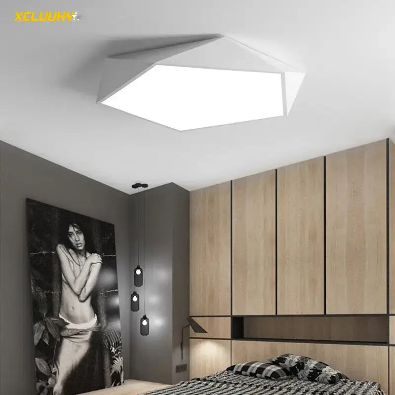 Modern white geometric led ceiling lamp with angular design ideal for living room decorbites geometric led lighting