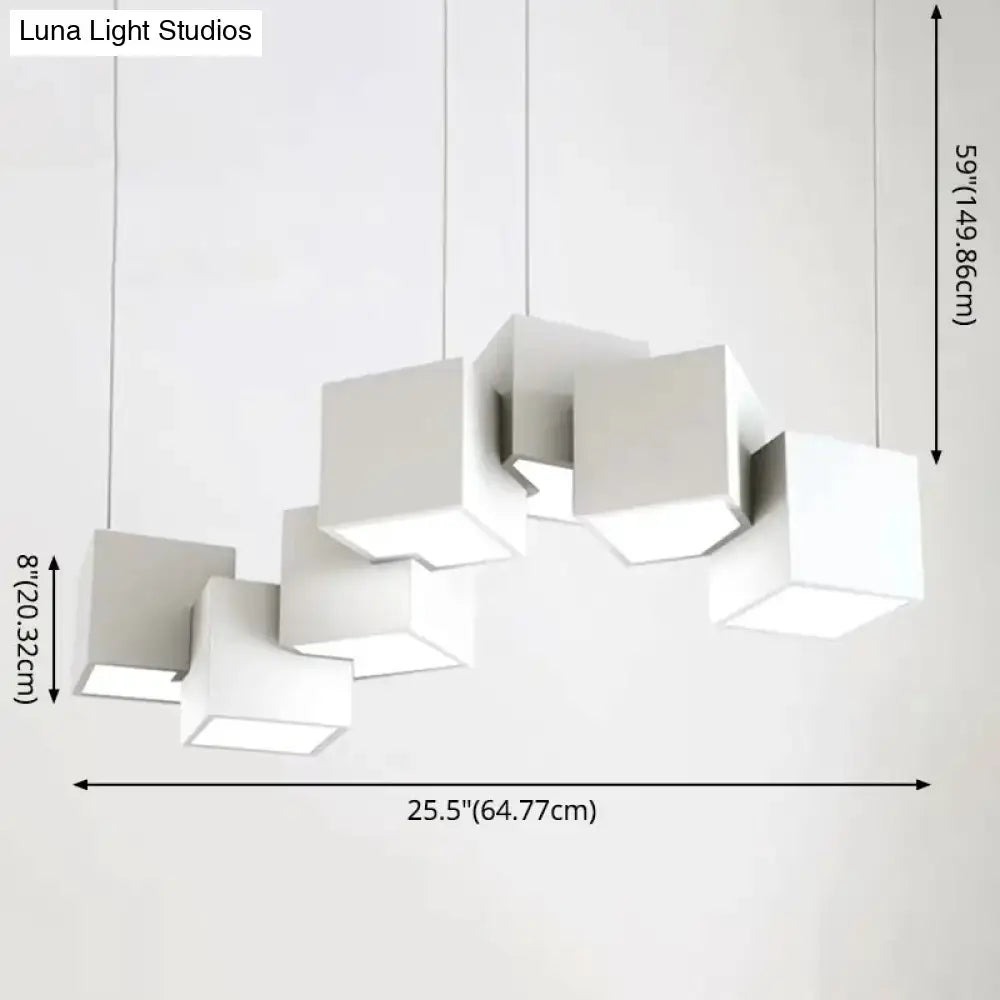 Modern white geometric led island light fixture with cube design ideal for kitchen or living room island lighting