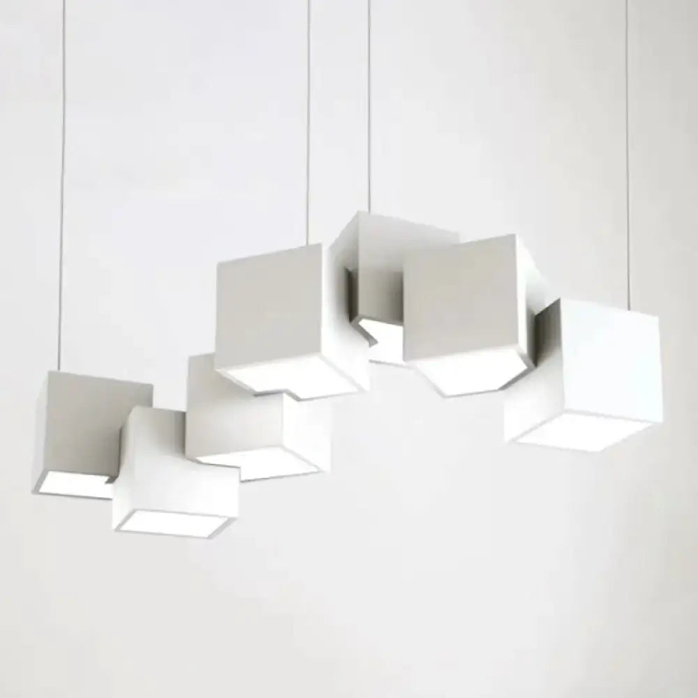 Modern white geometric led island light fixture in cube shape for kitchen or living room island light use