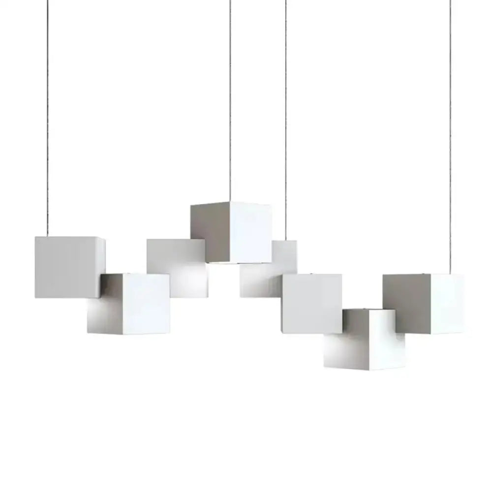 Modern white geometric led island light with minimalist cube design for kitchen or living room island light fixture