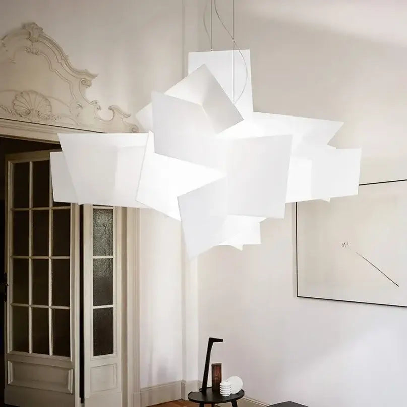 Modern white geometric stacking pendant lamp with translucent layered design ideal for living room decorbites big bang
