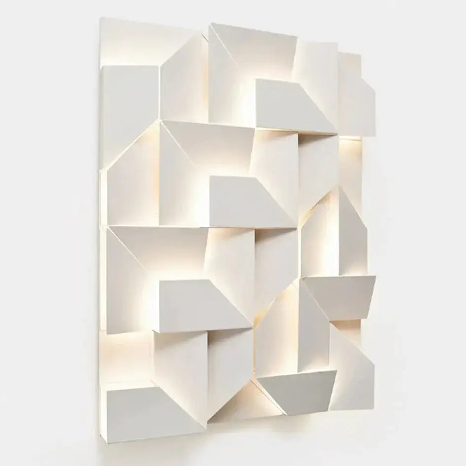 Modern white geometric wall lamp with illuminated recessed panels for living room art and ambient lighting