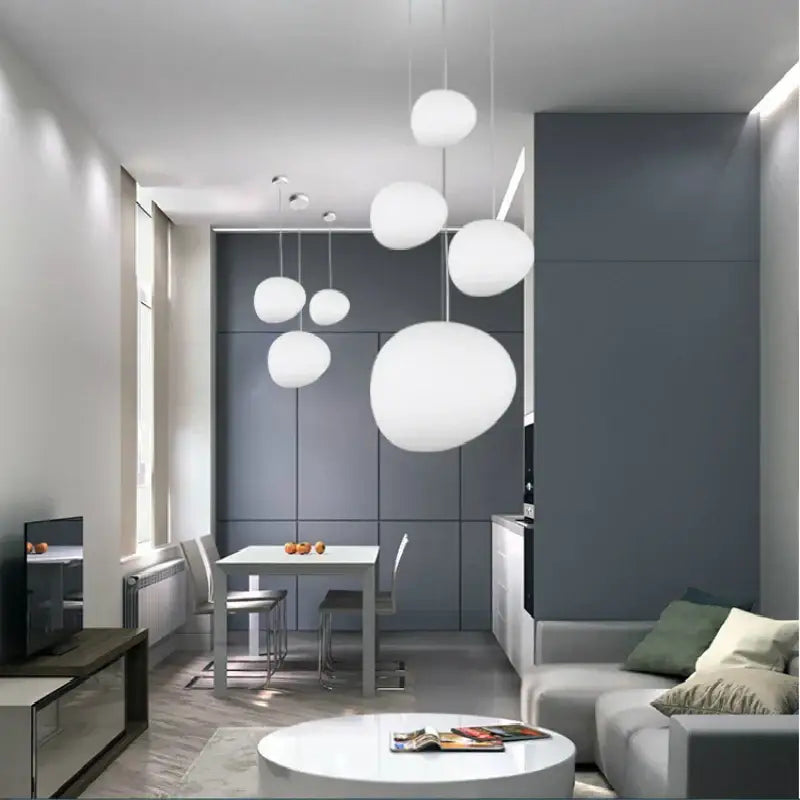 Modern white glass ball led pendant light dining room set with spherical decorbites glass ball lights in varying sizes