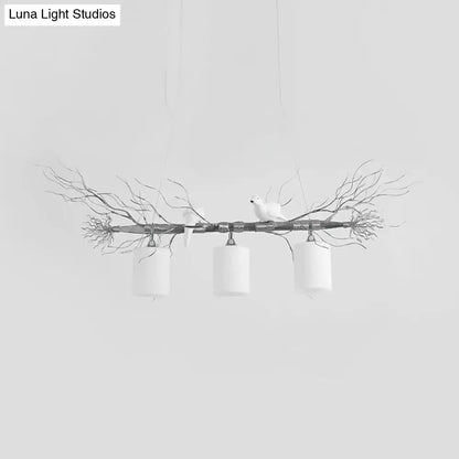 DecorBites modern 3-head white glass pendant light with gold silver branch and white ceramic bird figurines ceiling island fixture