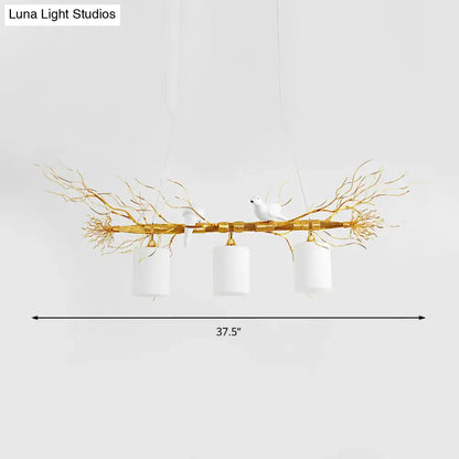 DecorBites modern 3-head white glass pendant light with gold silver branch and ceramic bird accents for ceiling island use