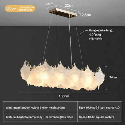 Modern white glass chandelier led circle pendant with sleek metallic frame and handcrafted translucent glass pieces for dining room