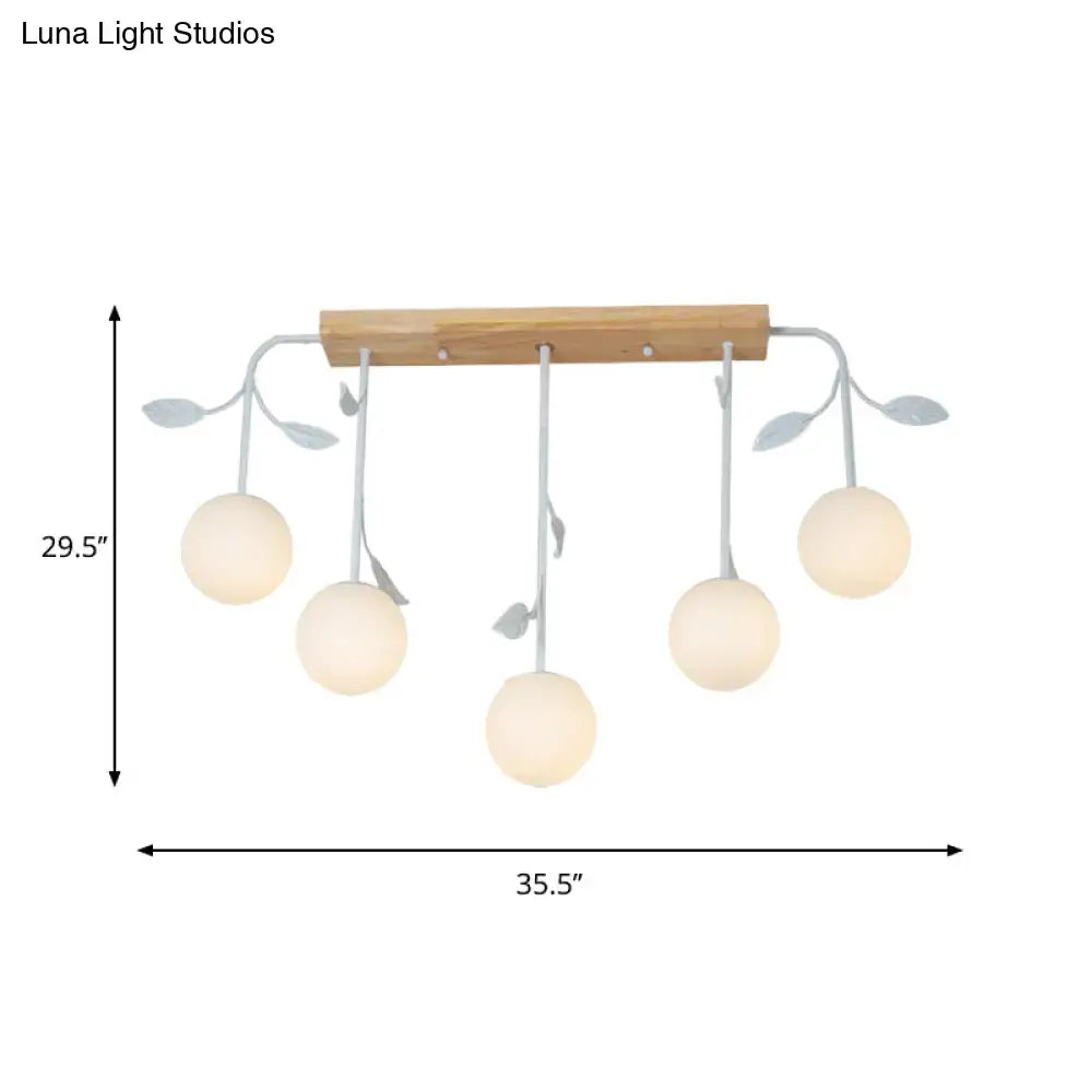 Decorbites™ 3 5 light orb island ceiling lamp with natural wood bar, silver arms, frosted glass globes, modern simple design e26 e27
