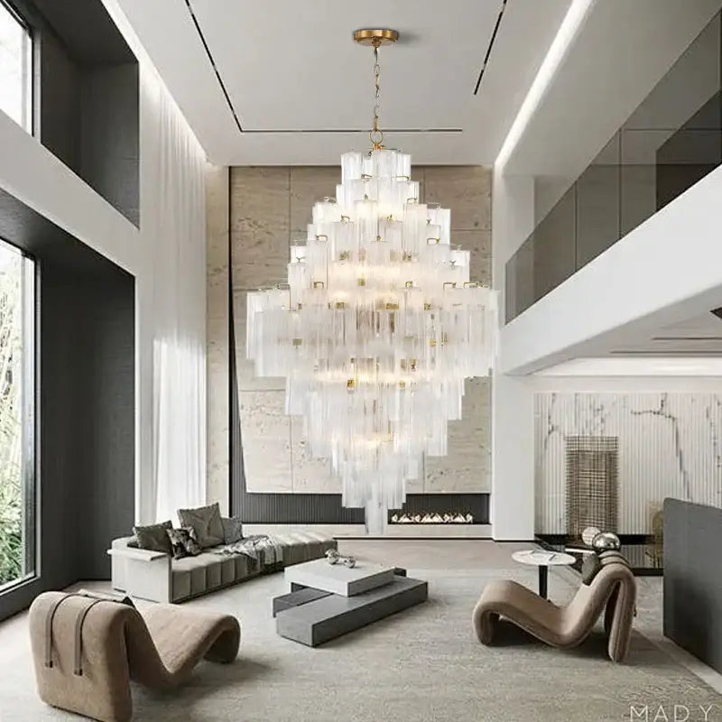 Modern white glass pendant lights dining room cascading chandelier with clear cylindrical glass and gold accents by decorbites big white glass