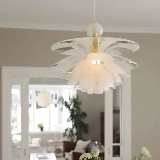 Modern white glass pine cone pendant chandelier with layered acrylic shades and gold-toned stem for living room