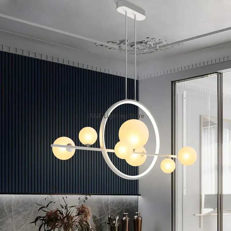 Modern white glass strip bubble chandelier kitchen bar pendant light with warm glowing spherical bulbs for decorbites glass strip design