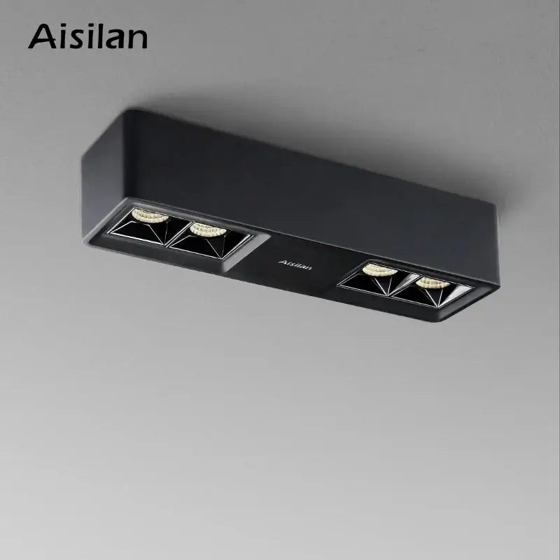 Black rectangular ceiling-mounted led light fixture with four adjustable spotlights 24w cri97 square surface mount downlight