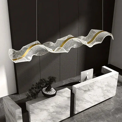 Modern white and gold acrylic ribbon led ceiling chandelier with a wave-shaped translucent textured body for dining room decorbites acrylic ribbon