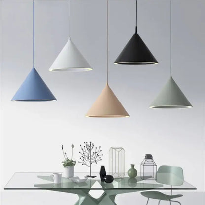 Five modern annular cone pendant lamps in matte white, black, blue, beige, and gray by decorbites for living room decor
