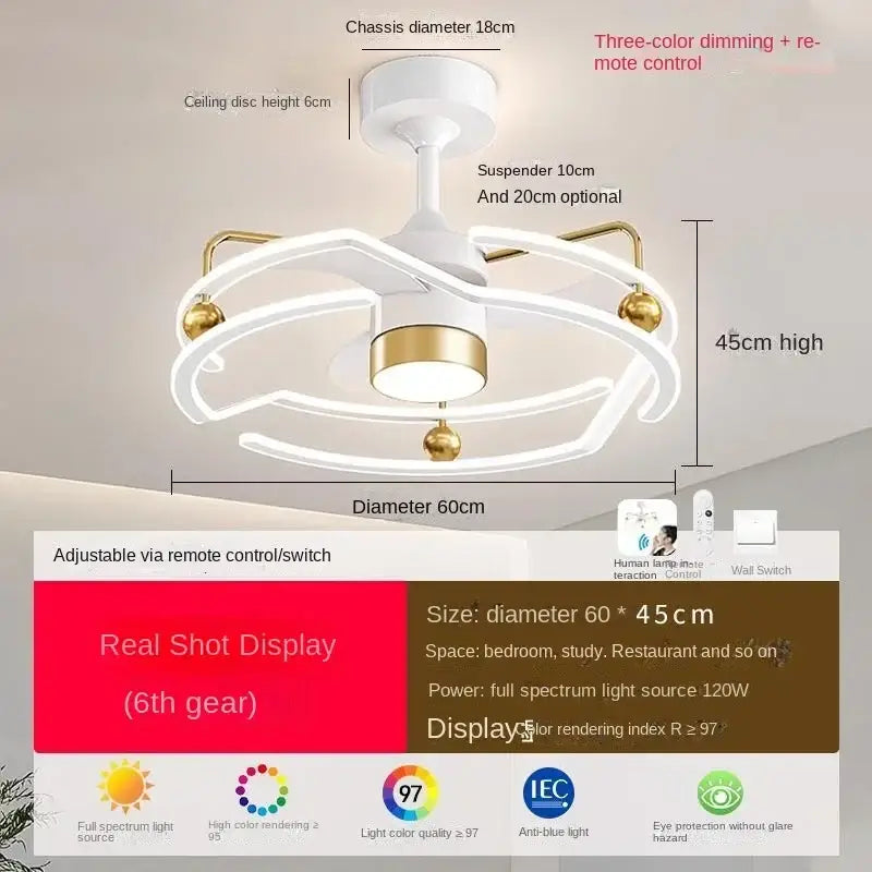 Modern white and gold ceiling fan light with three-color dimming remote control for elegant bedroom fan light