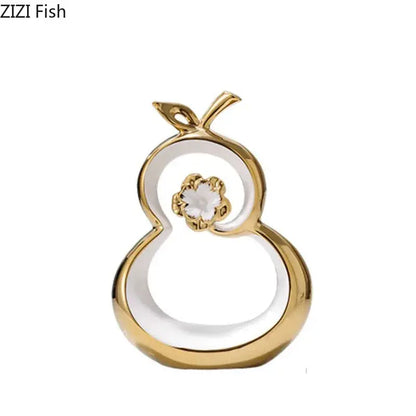 Modern white and gold ceramic gourd desk decoration with clear crystal flower for living room decorbites golden gourd
