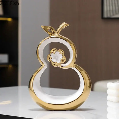 Modern white and gold ceramic gourd desk decoration with ornate floral detail decorbites golden gourd living room decor