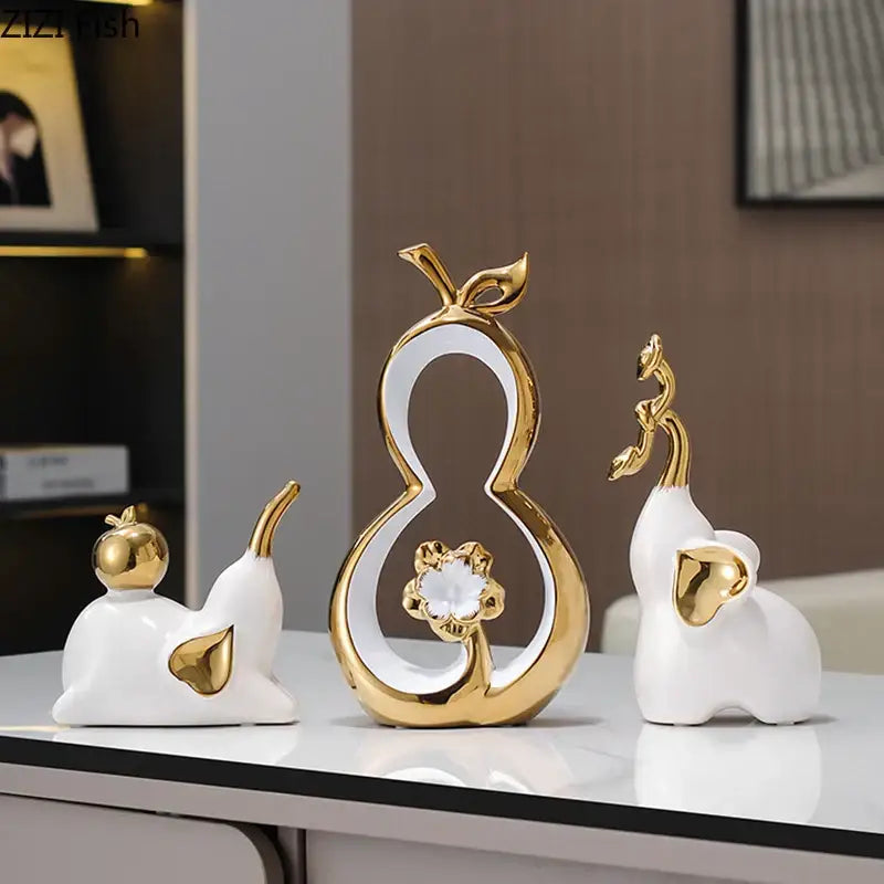 Modern white and gold ceramic gourd desk decoration featuring an hourglass shape with crystal flower and stylized animals